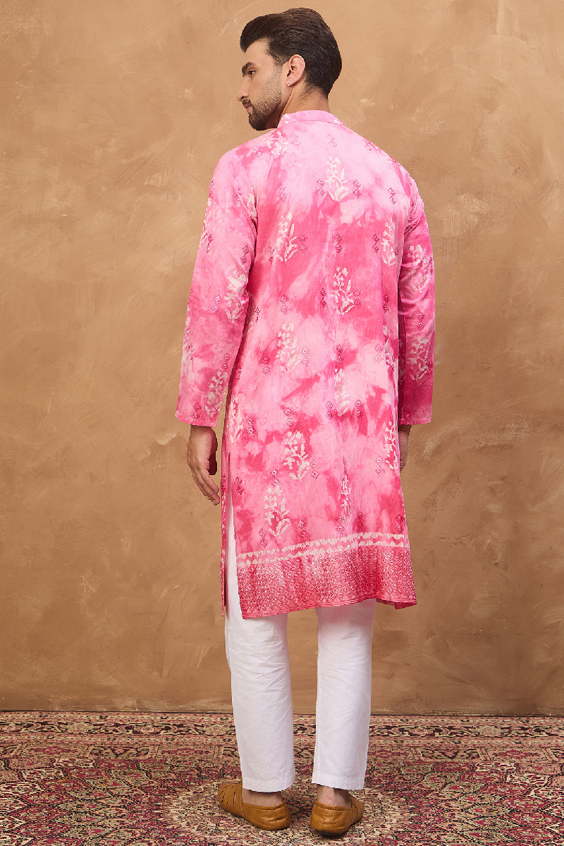 Pink Silk Blend Batik Embroidered Straight Kurta MKU1515