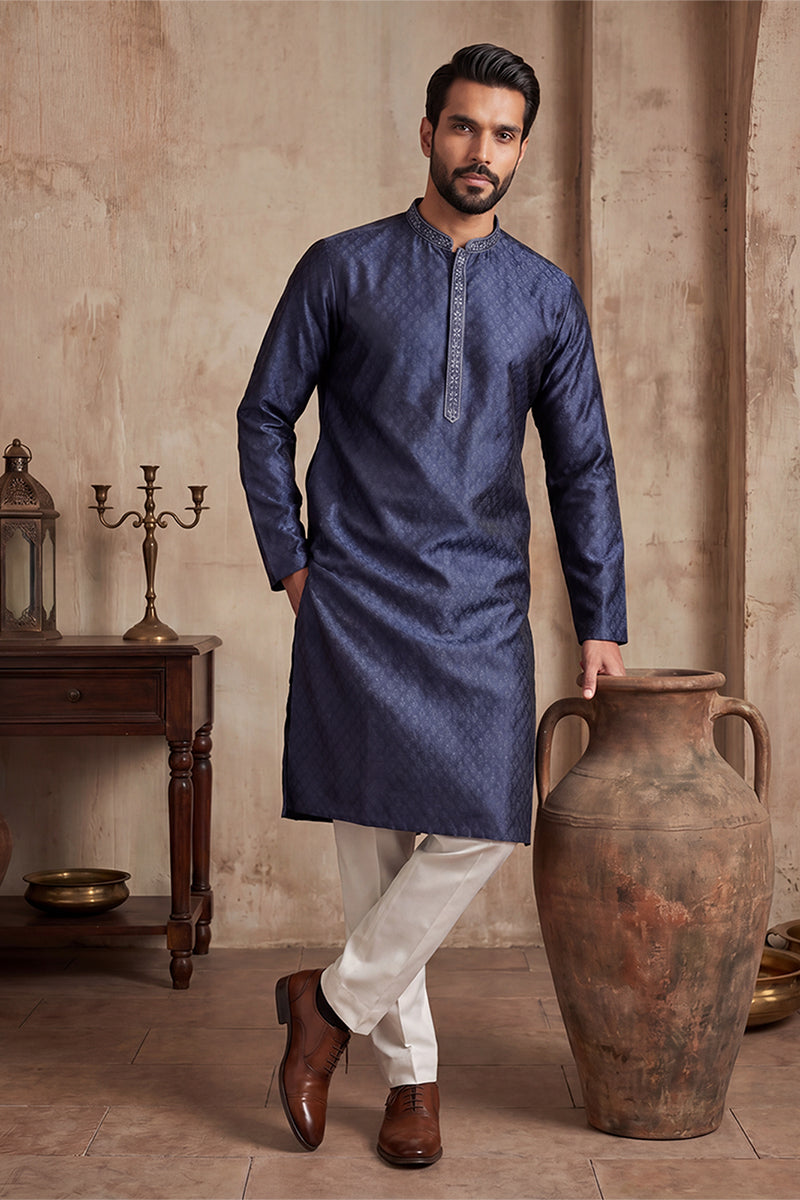 Blue Jacquard Woven Design Straight Kurta With Trouser MKSET2227