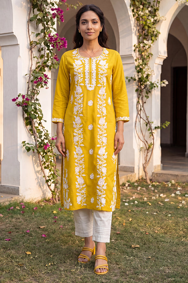 Yellow Viscose Rayon Solid Embroidered Regular Kurta VCK9816