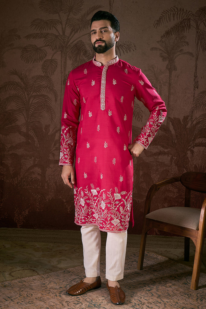 Pink Silk Blend Solid Embroidered Straight Kurta MKU1943