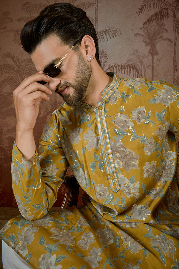 Mustard Silk Blend Floral Embroidered Kurta With Trouser MKSET2505
