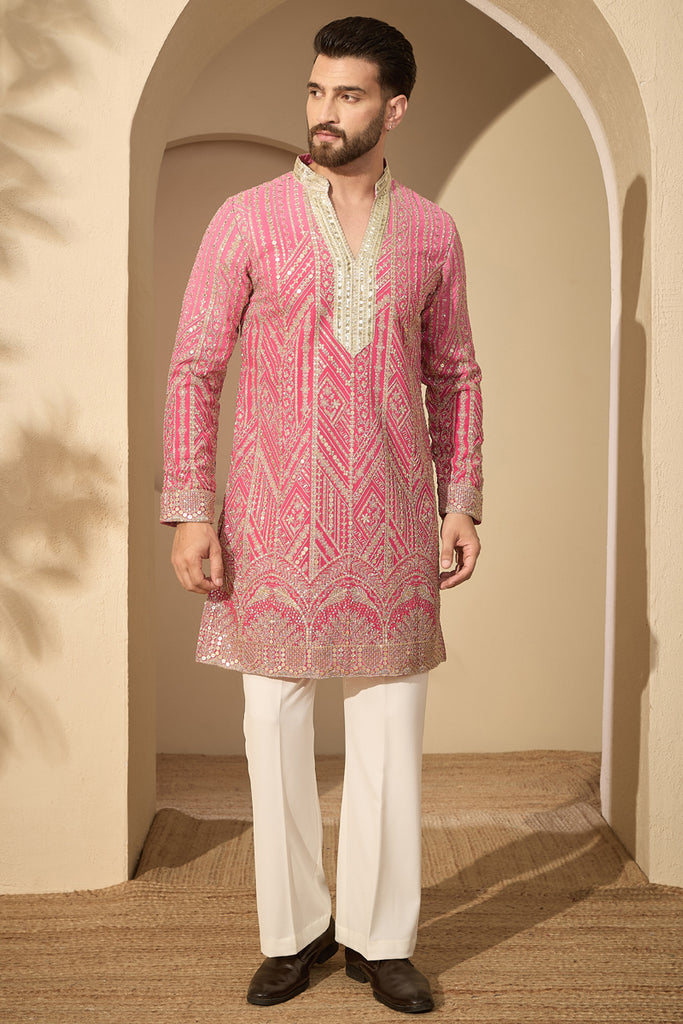 Pink Georgette Ethnic Motifs Embroidered V-Neck Kurta MKU2587