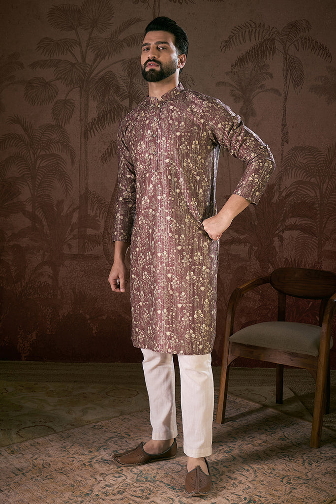 Mauve Silk Blend Floral Printed Straight Kurta With Trouser MKSET1932