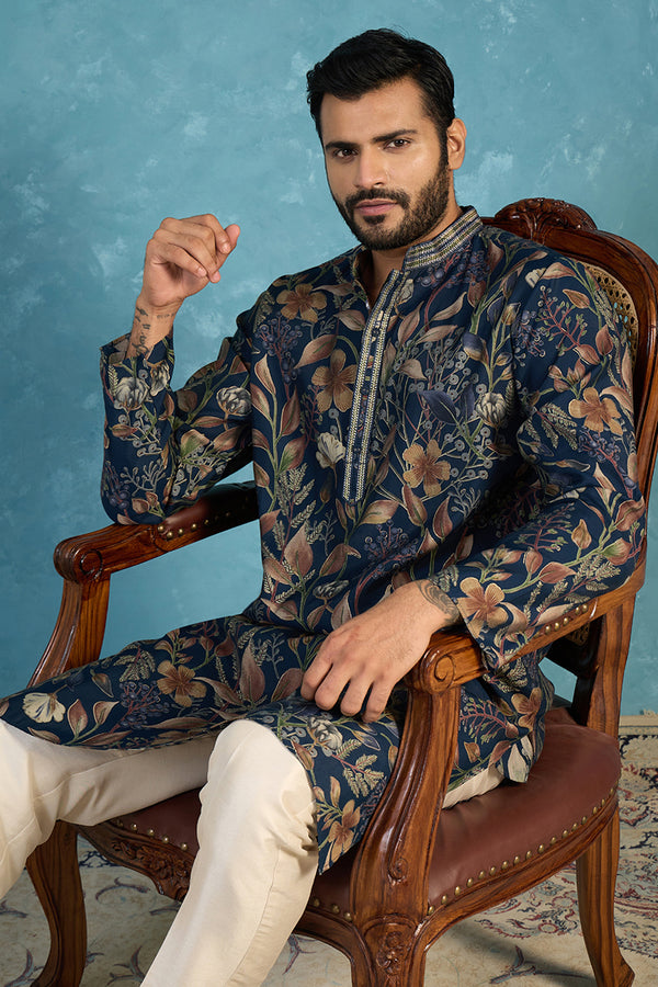 Blue Modal Floral Printed Calf Length Straight Regular Kurta MKU1978