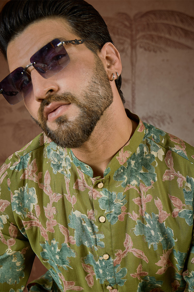 Green Silk Blend Floral Printed Kurta With Trouser MKSET2537