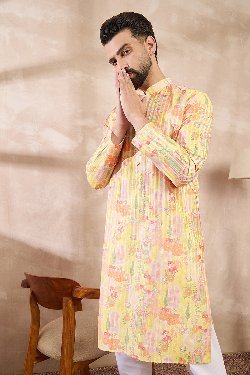 Yellow Silk Blend Abstract Printed Straight Kurta MKU2013