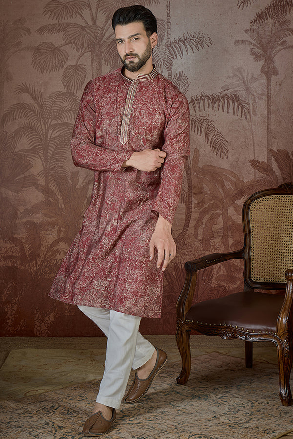 Maroon Silk Blend Floral Printed Kurta With Trouser MKSET2577