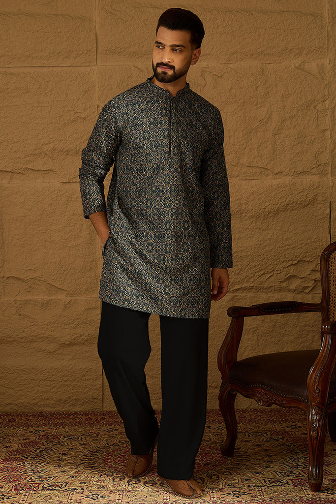 Navy Blue Viscose Rayon Geometric Printed Straight Kurta with Trouser MKSET1609