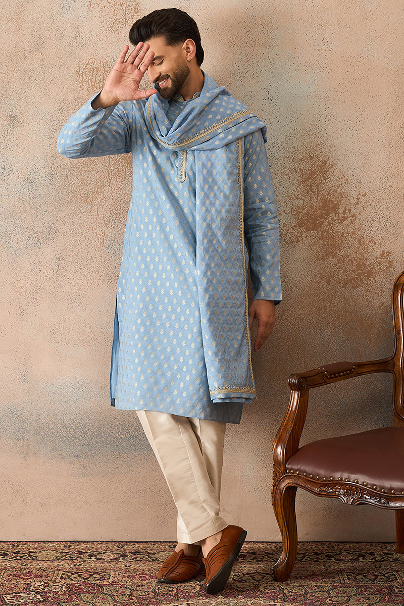 Blue Jacquard Woven Design Floral Straight Kurta with Dupatta MKUD1019