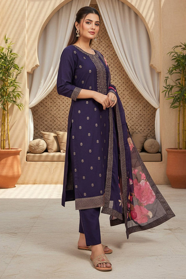 Purple Silk Blend Ethnic Motifs Stoning Straight Kurta Trouser with Dupatta SKSKD3091