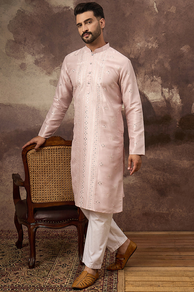 Pink Silk Blend Solid Embroidered Straight Kurta With Pant Set MKSET1362