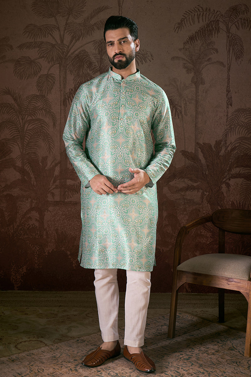 Turquoise Blue Silk Blend Abstract Printed Straight Kurta With Trouser MKSET1967