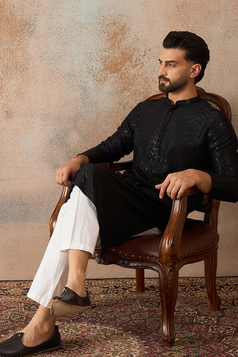 Black Rayon Embroidered Solid Straight Kurta With Trousers MKSET2190
