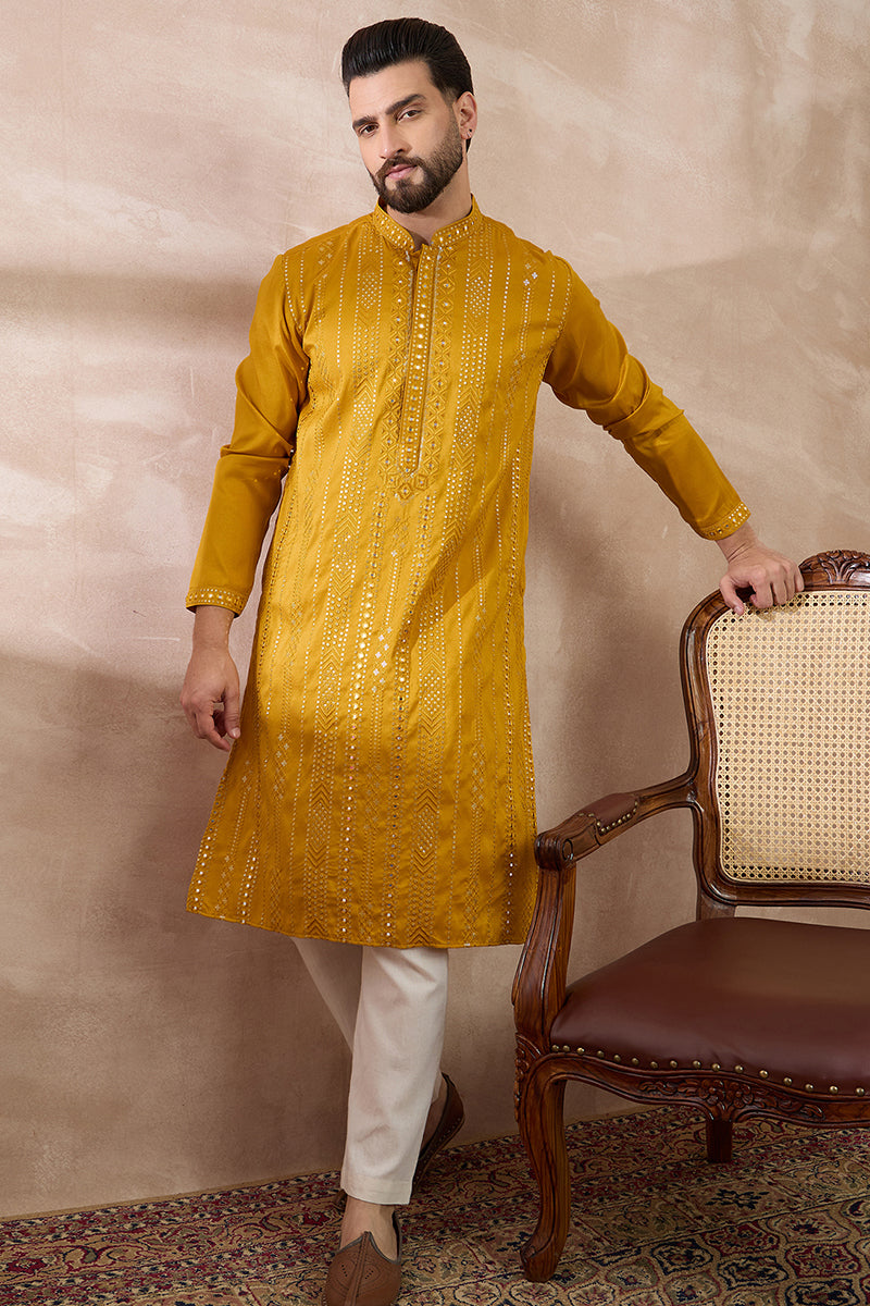 Mustard Silk Blend Embroidered Mandarin Collar Straight Kurta With Trouser MKSET1888