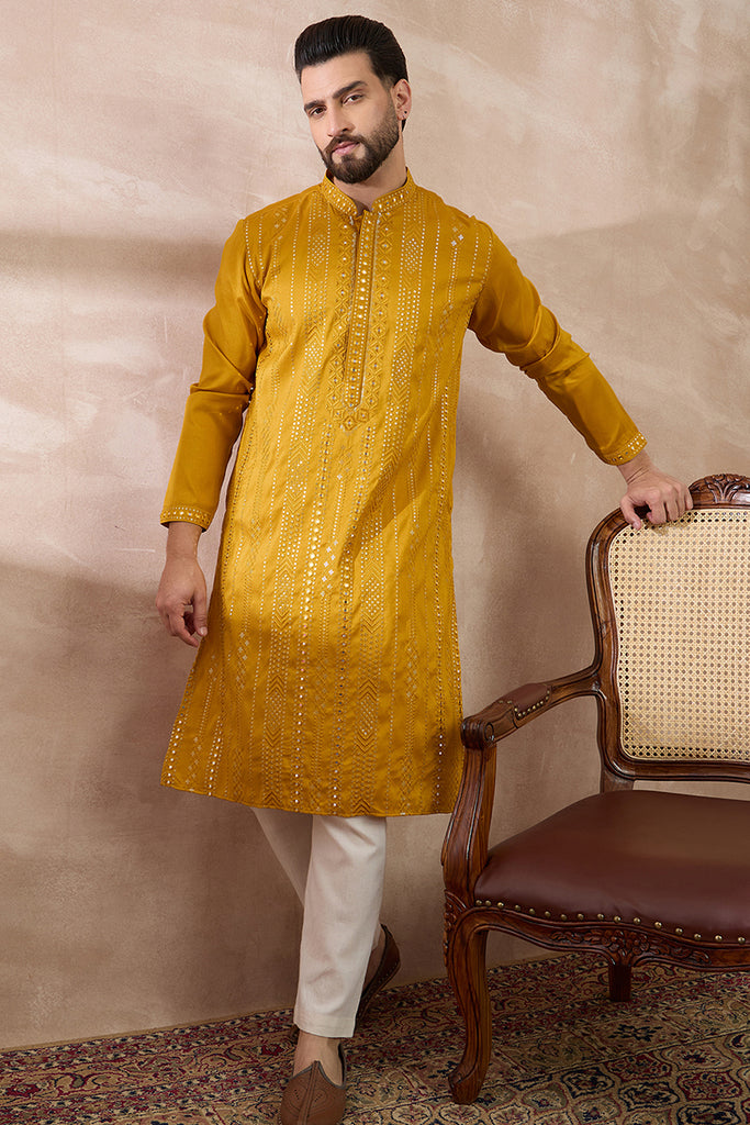 Mustard Silk Blend Embroidered Mandarin Collar Straight Kurta With Trouser MKSET1888