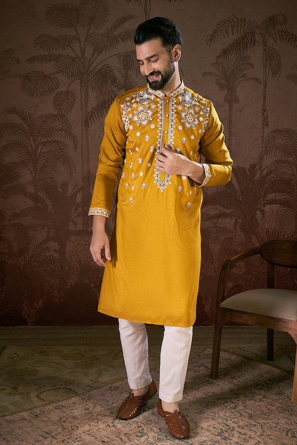 Mustard Silk Blend Solid Embroidered Straight Kurta MKU1796