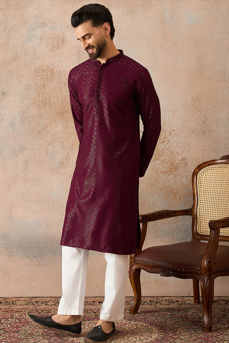 Purple Rayon Embroidered Solid Straight Kurta With Trousers MKSET2187