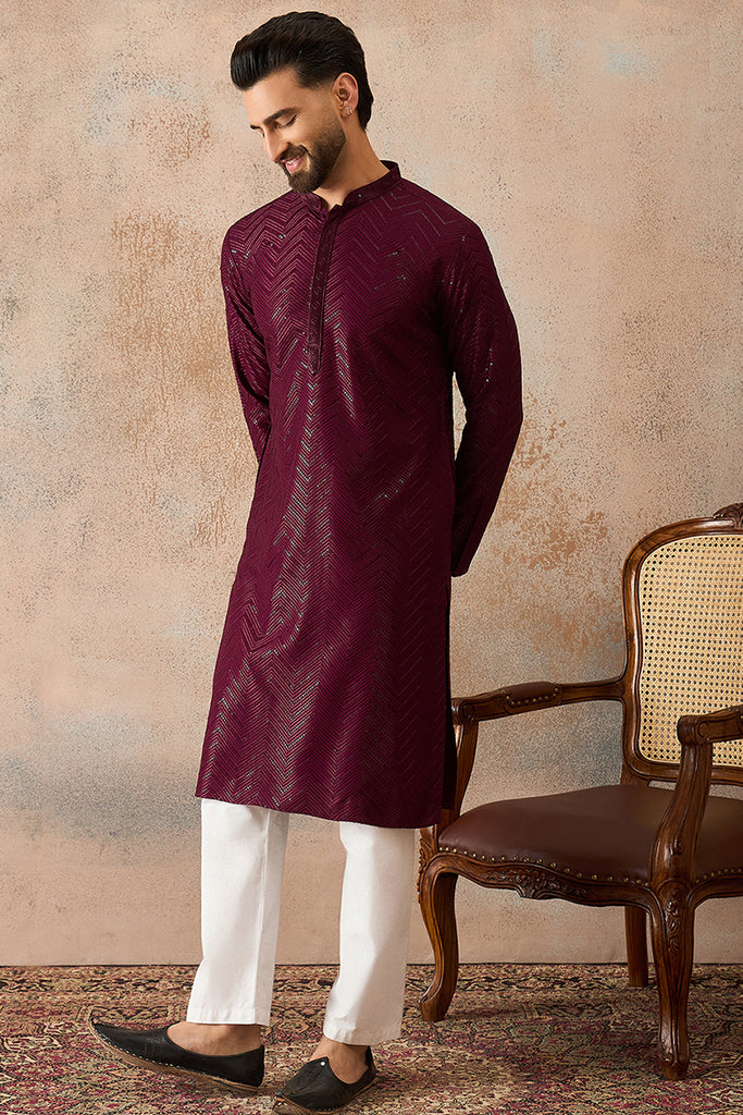 Purple Rayon Embroidered Solid Straight Kurta With Trousers MKSET2187