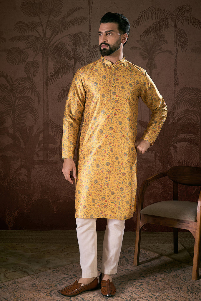 Yellow Silk Blend Floral Printed Straight Kurta With Trouser MKSET1946