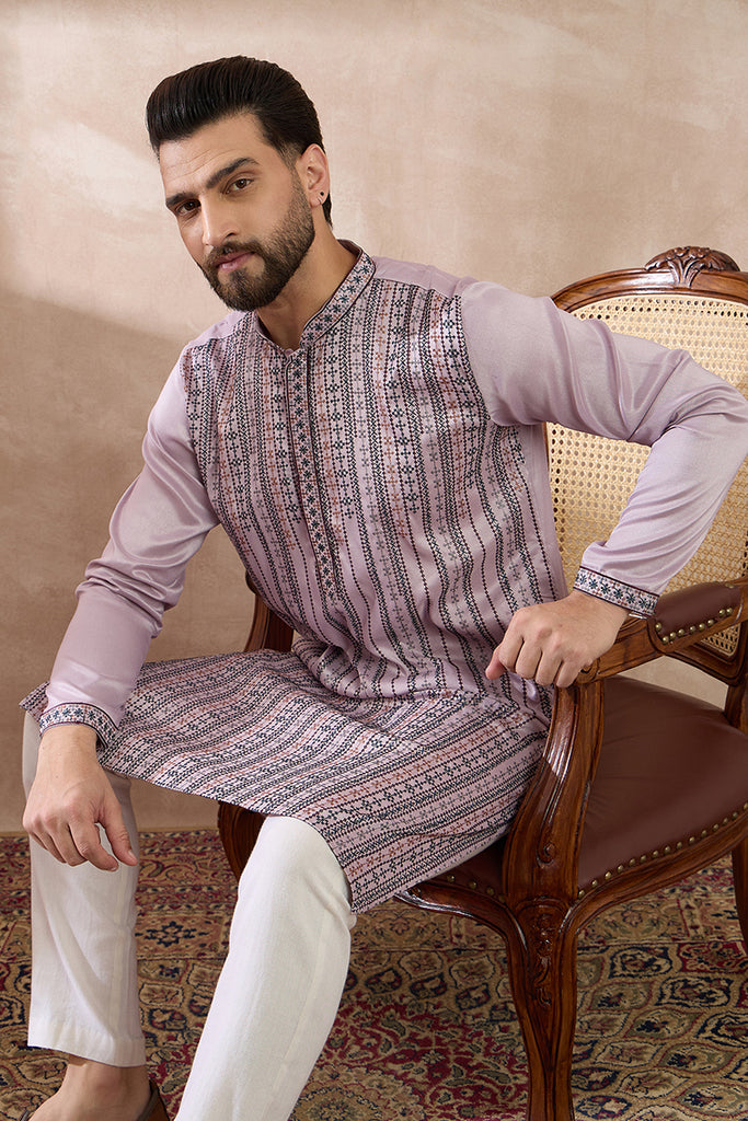 Lavender Silk Blend Embroidered Mandarin Collar Straight Kurta With Trouser MKSET2041