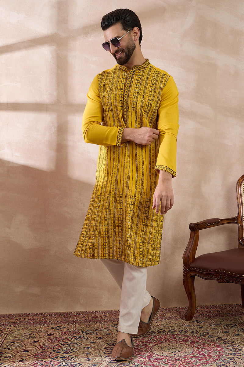 Yellow Silk Blend Embroidered Mandarin Collar Straight Kurta MKU2039