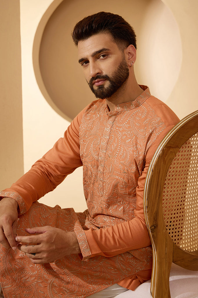 Orange Modal Embroidered Calf Length Straight Regular Kurta With Trouser MKSET2166