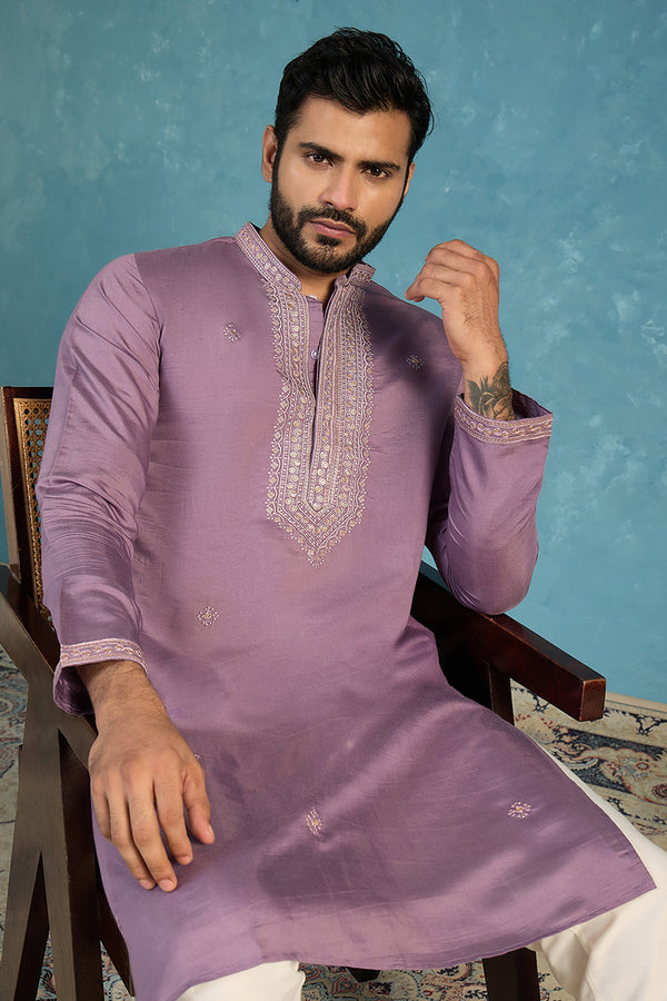 Lavender Silk Blend Solid Emboidered Sequins Kurta With Trouser MKSET2277