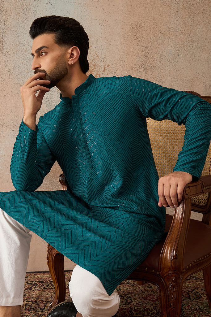 Turquoise Blue Rayon Embroidered Solid Straight Kurta With Trousers MKSET2184