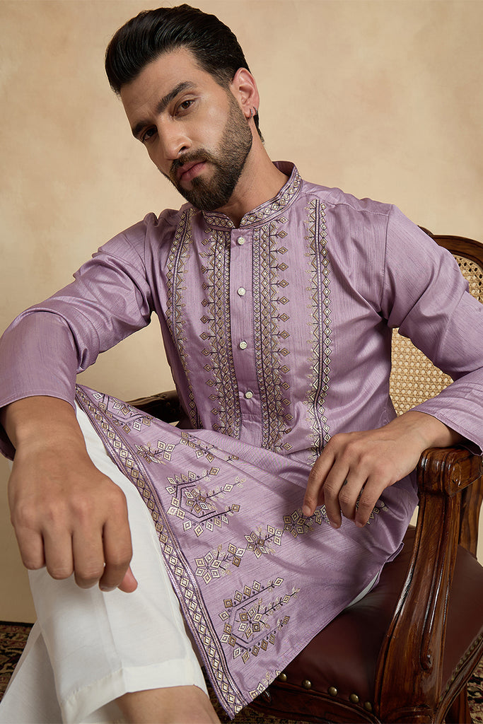 Lavender Silk Blend Solid Embroidered Straight Kurta With Trouser MKSET2527