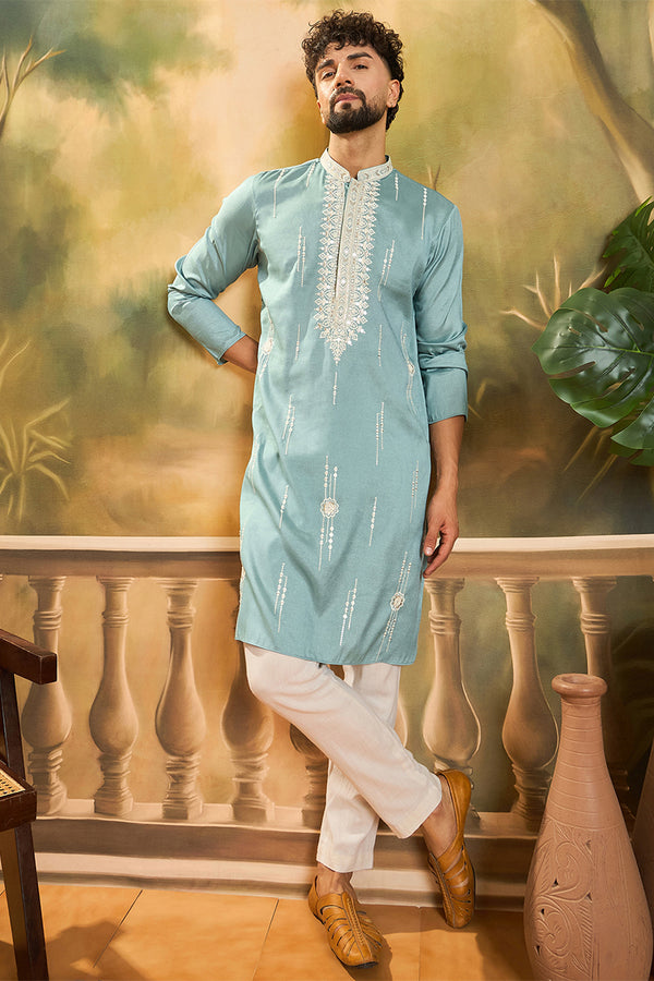 Blue Silk Blend Solid Embroidered Straight Kurta with Trouser MKSET1490