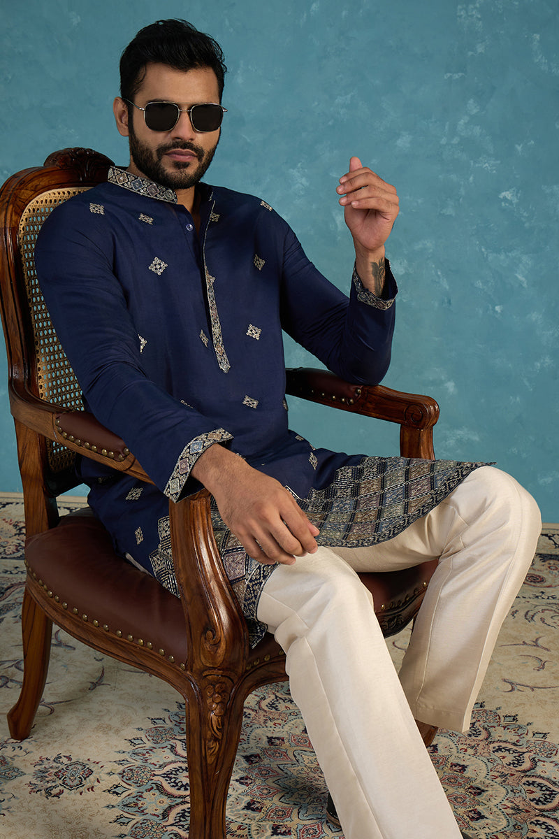 Silk Blend Blue Solid Embroidered Calf Length Straight Kurta With Trousers MKSET2099