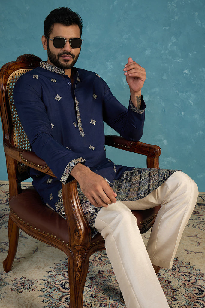 Silk Blend Blue Solid Embroidered Calf Length Straight Kurta With Trousers MKSET2099