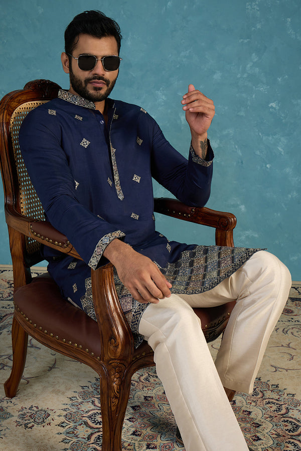 Silk Blend Blue Solid Embroidered Calf Length Straight Kurta With Trousers MKSET2099