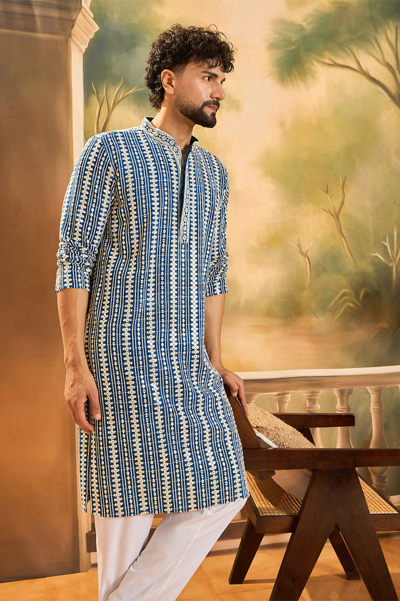 Blue Viscose Rayon Embroidered Kurta With Trousers MKSET1412
