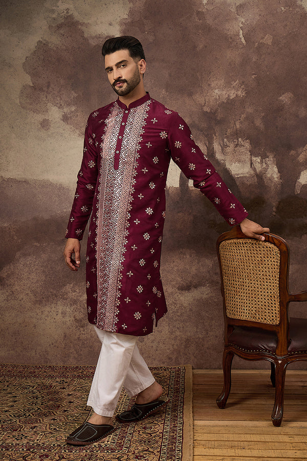 Maroon Silk Blend Solid Embroidered Straight Kurta MKU1369