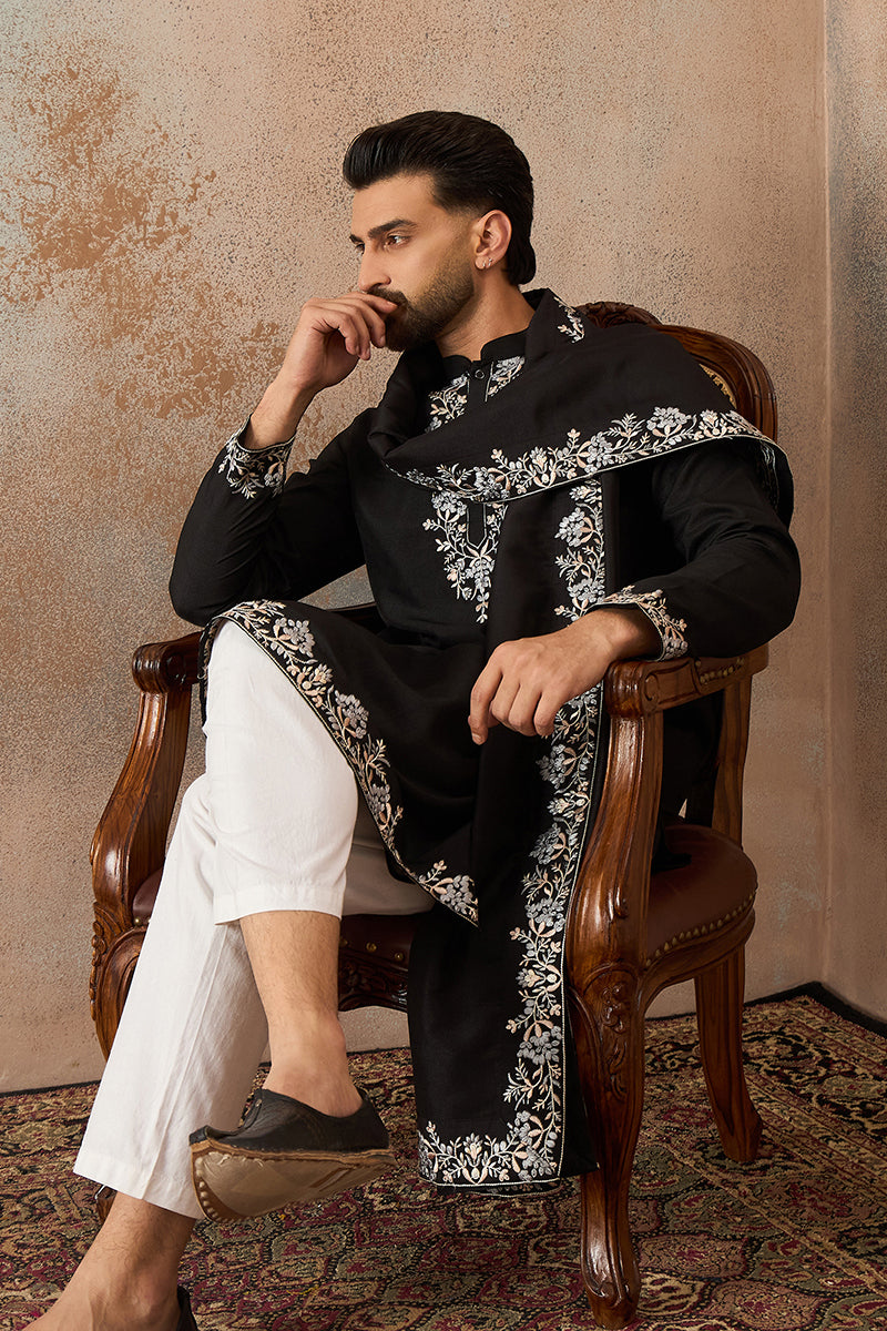 Black Silk Blend Solid Embroidered Kurta And Trouser With Dupatta MKPD1043