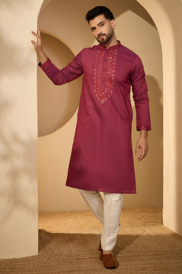 Fuchsia Jacquard Solid Embroidered Mandarin Collar Kurta MKU2720