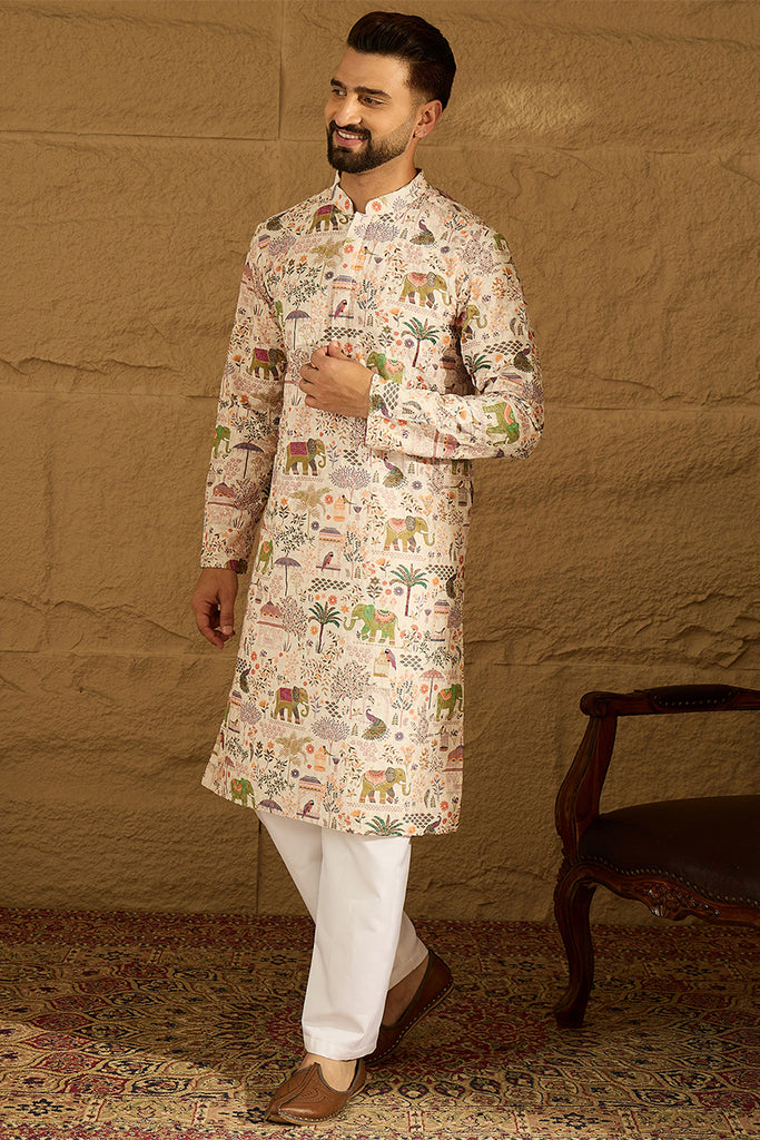 Cream Viscose Rayon Ethnic Motifs Printed Straight Kurta MKU1616