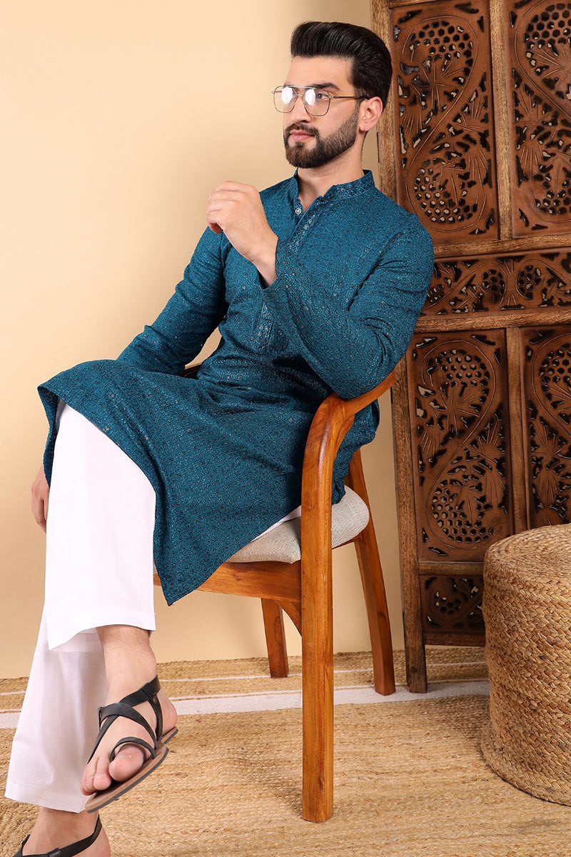 Teal Viscose Rayon Solid Embroidered Straight Kurta For Men MKU1022TIL