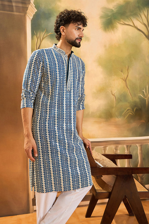 Blue Viscose Rayon Embroidered Straight Kurta MKU1412