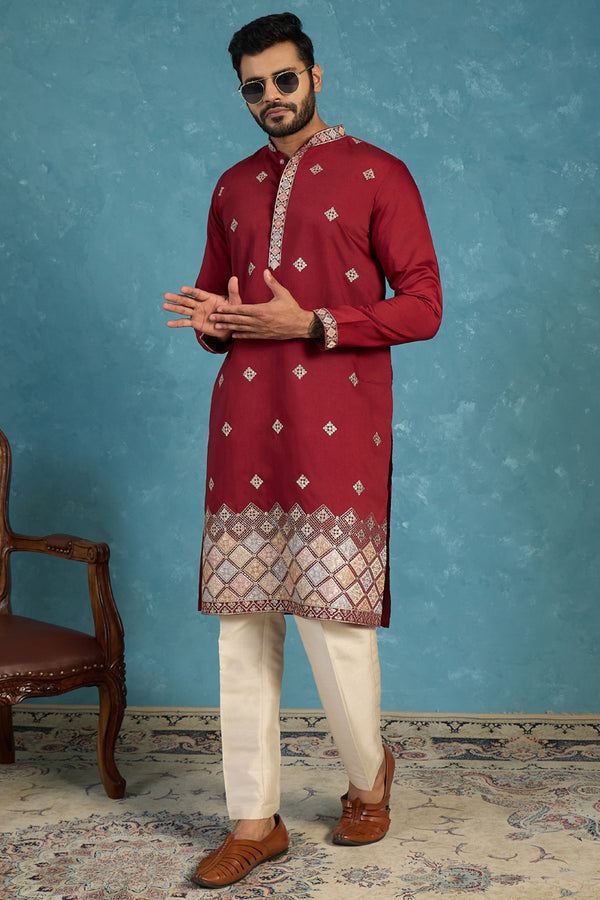 Silk Blend Maroon Solid Embroidered Calf Length Straight Kurta MKU2100