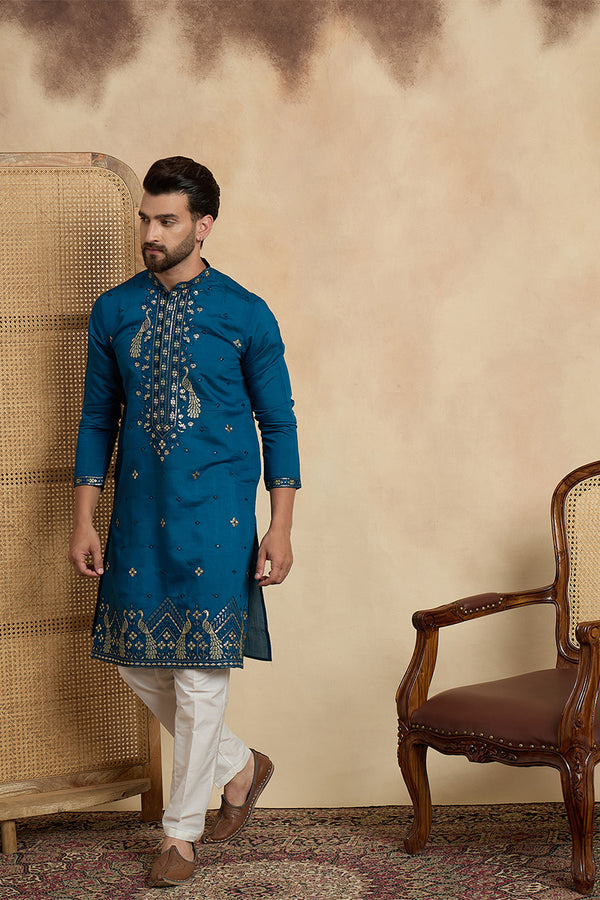 Teal Silk Blend Solid Embroidered Thread Work Kurta With Trouser MKSET2443