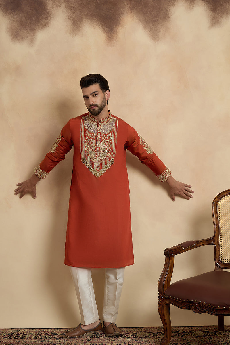 Orange Silk Blend Solid Embroidered Kurta With Trouser MKSET2449