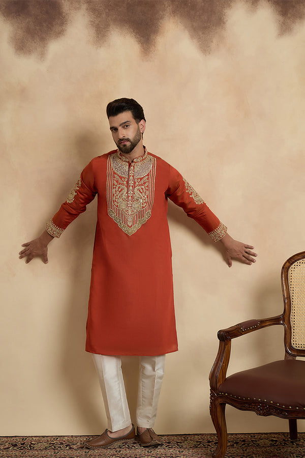Orange Silk Blend Solid Embroidered Kurta With Trouser MKSET2449