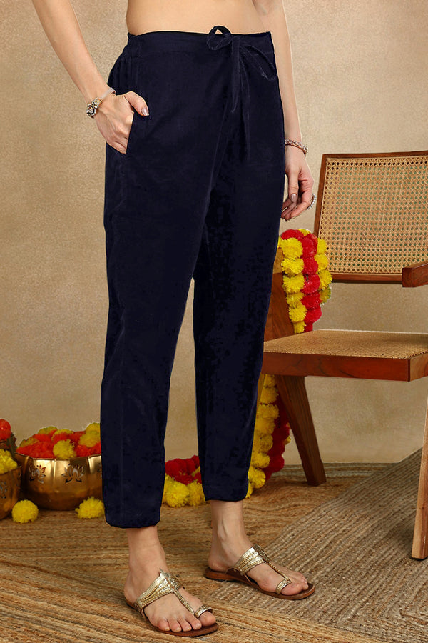 Navy Blue Velvet Ethnic Motifs Printed Straight Suit Set PKSKD2771