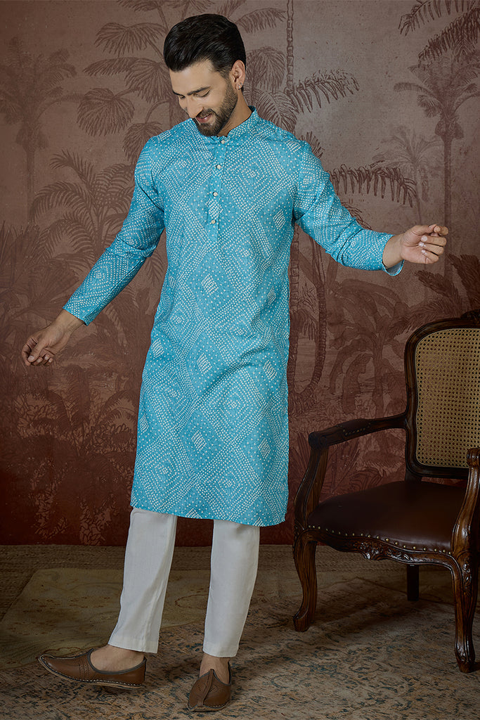 Blue Linen Bandhani Print Regular Kurta MKU2430