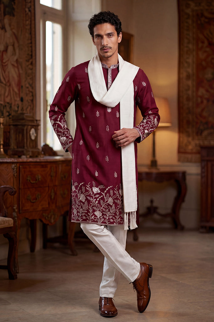Maroon Silk Blend Solid Embroidered Straight Kurta with Dupatta MKUD1945