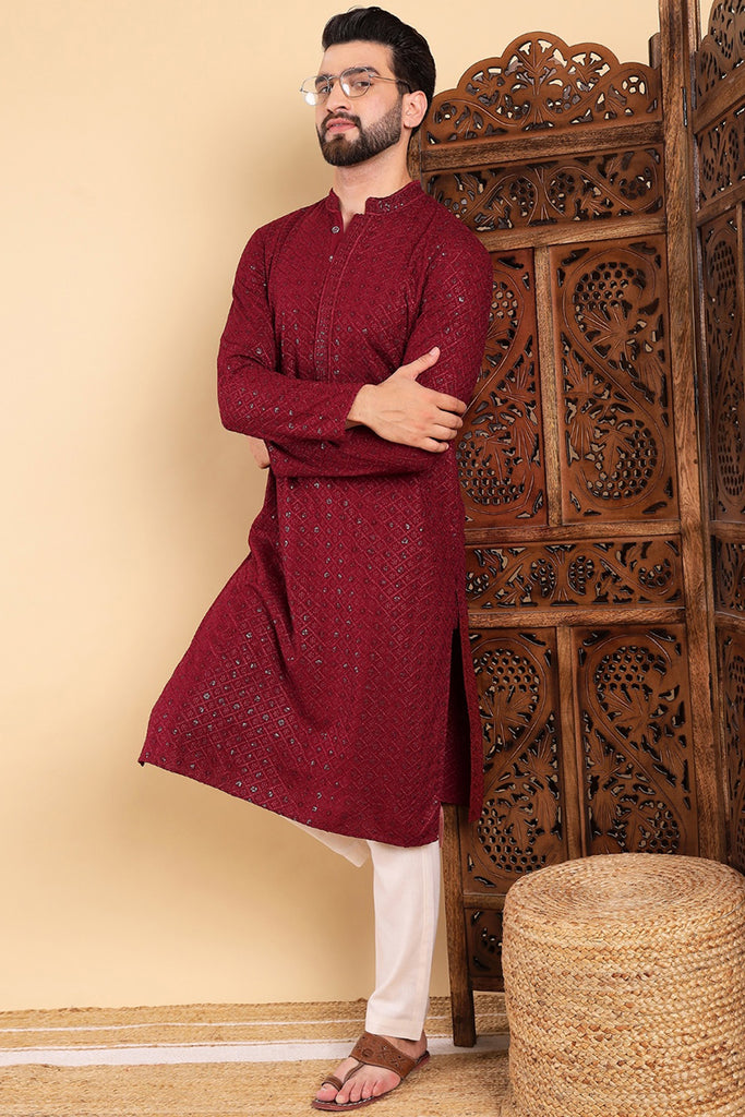Maroon Viscose Rayon Solid Embroidered Straight Kurta For Men MKU1007MRN