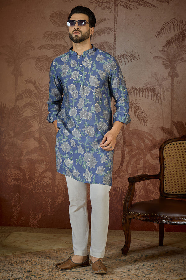 Blue Silk Blend Floral Printed Kurta MKU2567