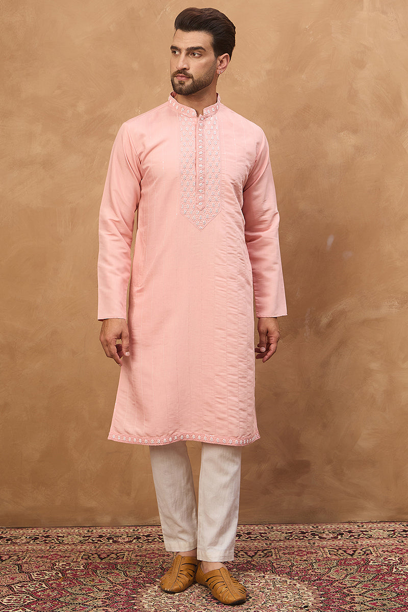 Peach Silk Blend Solid Solid Straight Kurta MKU1506